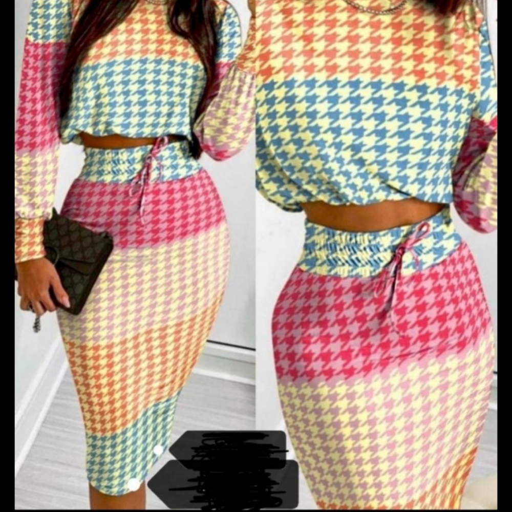 Colorful Houndstooth Women's Skirt And Top Set